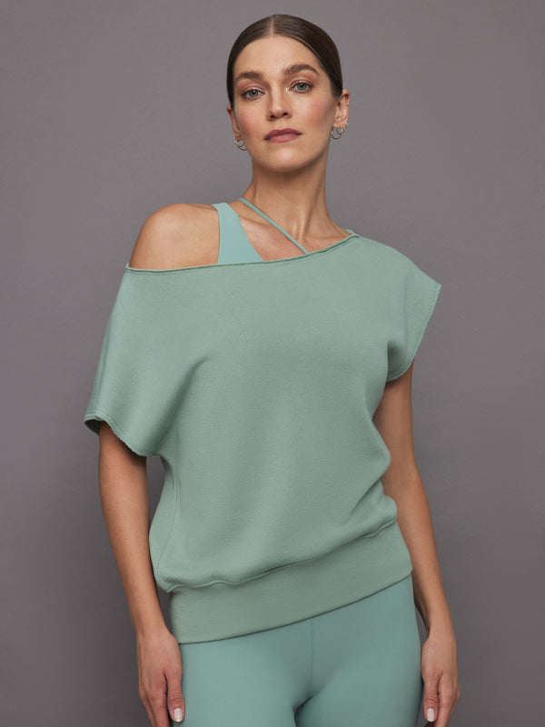 Short Sleeve Off Shoulder Sweatshirt in French Terry - Granite Green