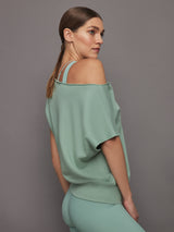 Short Sleeve Off Shoulder Sweatshirt in French Terry - Granite Green