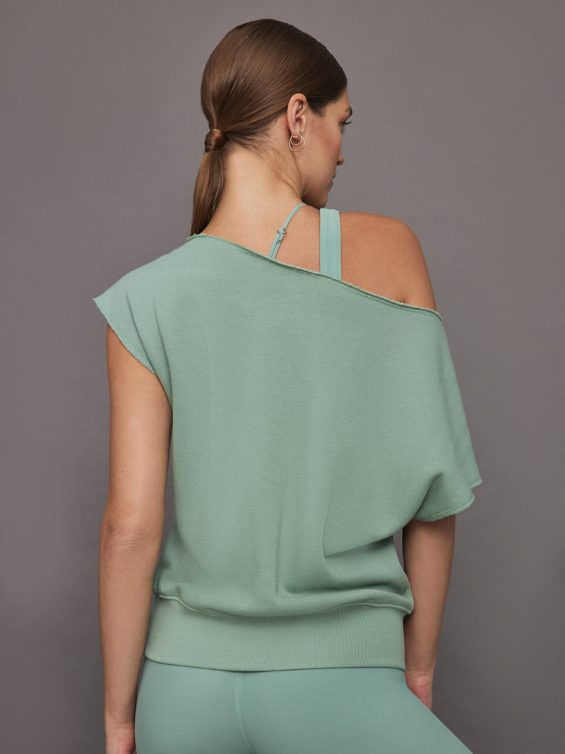 Short Sleeve Off Shoulder Sweatshirt in French Terry - Granite Green