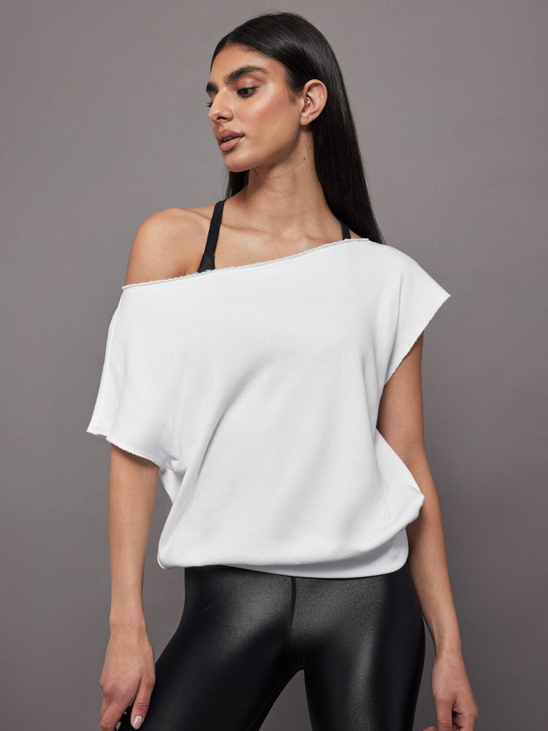 Short Sleeve Off Shoulder Sweatshirt in French Terry - White