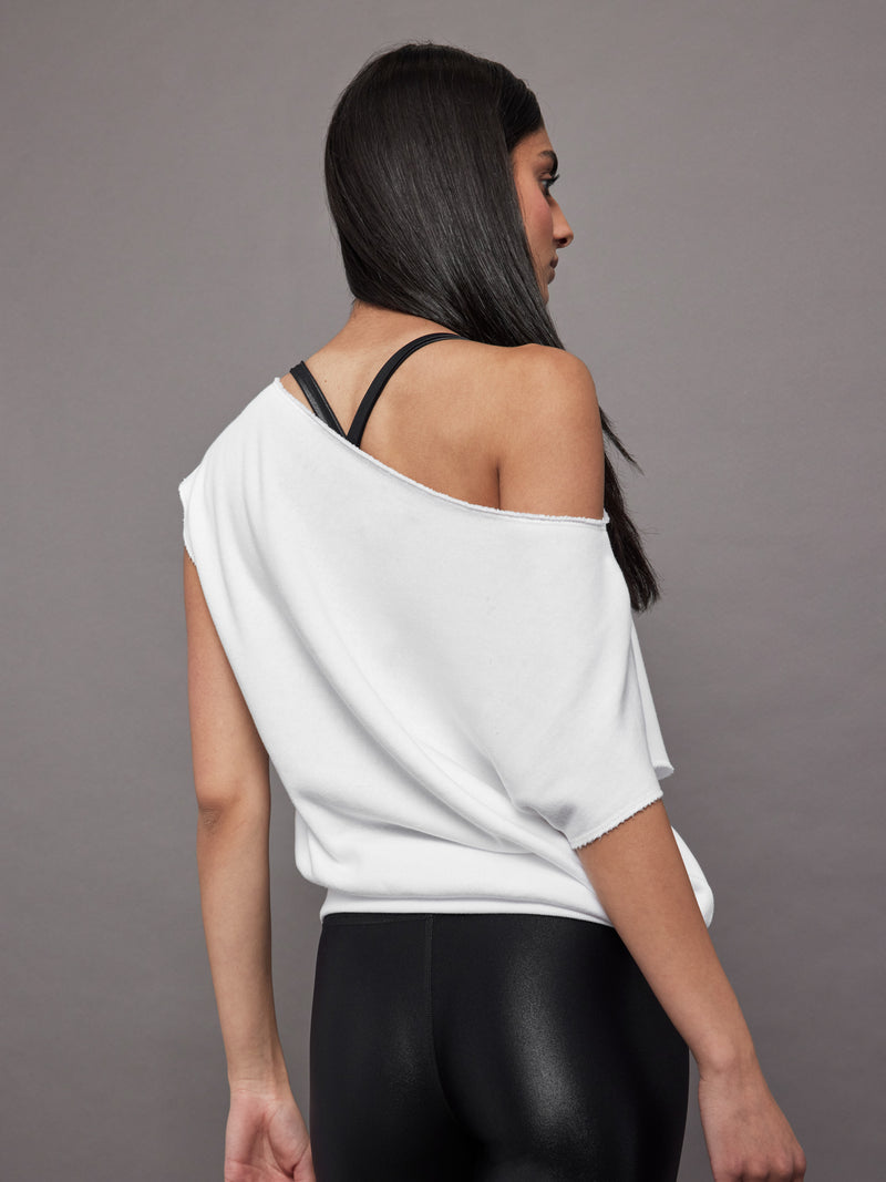 Short Sleeve Off Shoulder Sweatshirt in French Terry - White