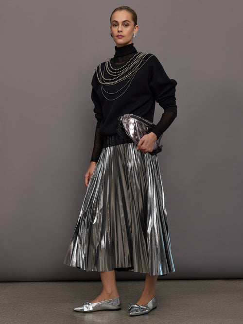 Metallic Pleated Skirt - Silver