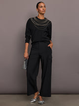 Stretch Woven Wide Leg Cargo Pant - Black