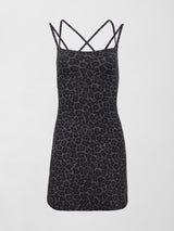 Charcoal leopard print athleisure dress hitting at mid thigh with double spaghetti straps. 