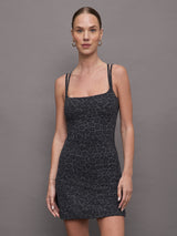 Charcoal leopard print athleisure dress hitting at mid thigh with double spaghetti straps. 