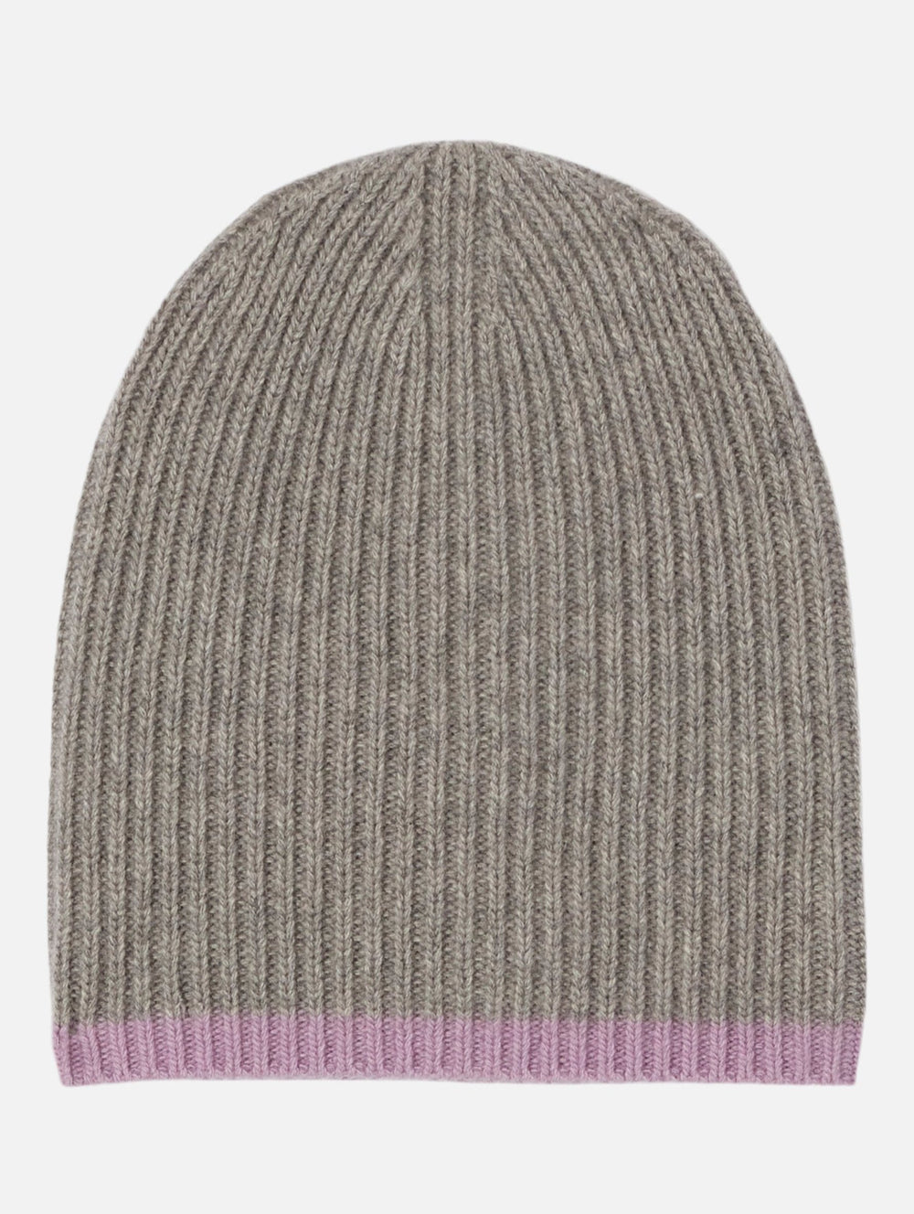 Cashmere Long Ribbed Beanie with Contrast Trim - Light Heather Grey W Lavender