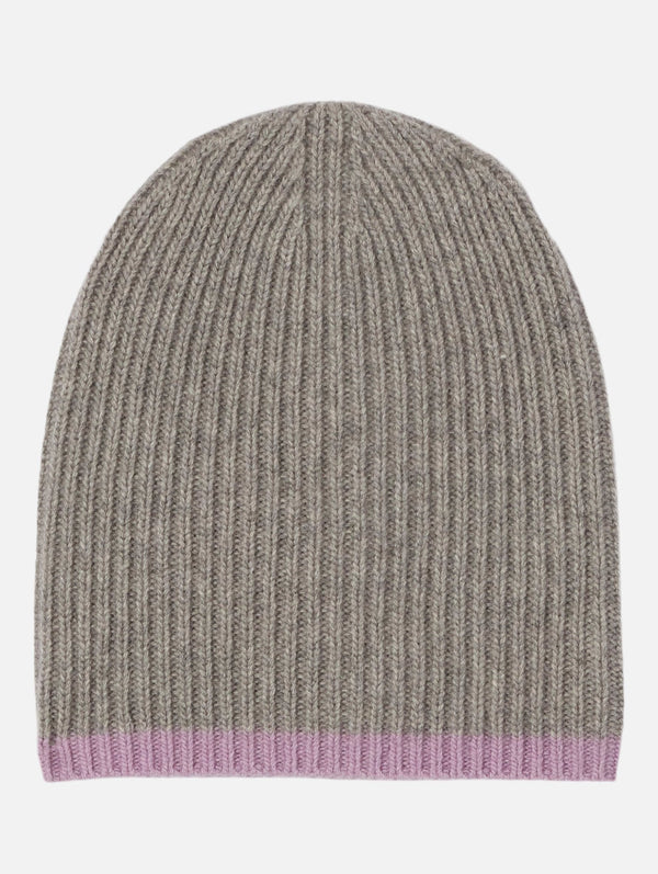 Cashmere Long Ribbed Beanie with Contrast Trim - Light Heather Grey W Lavender