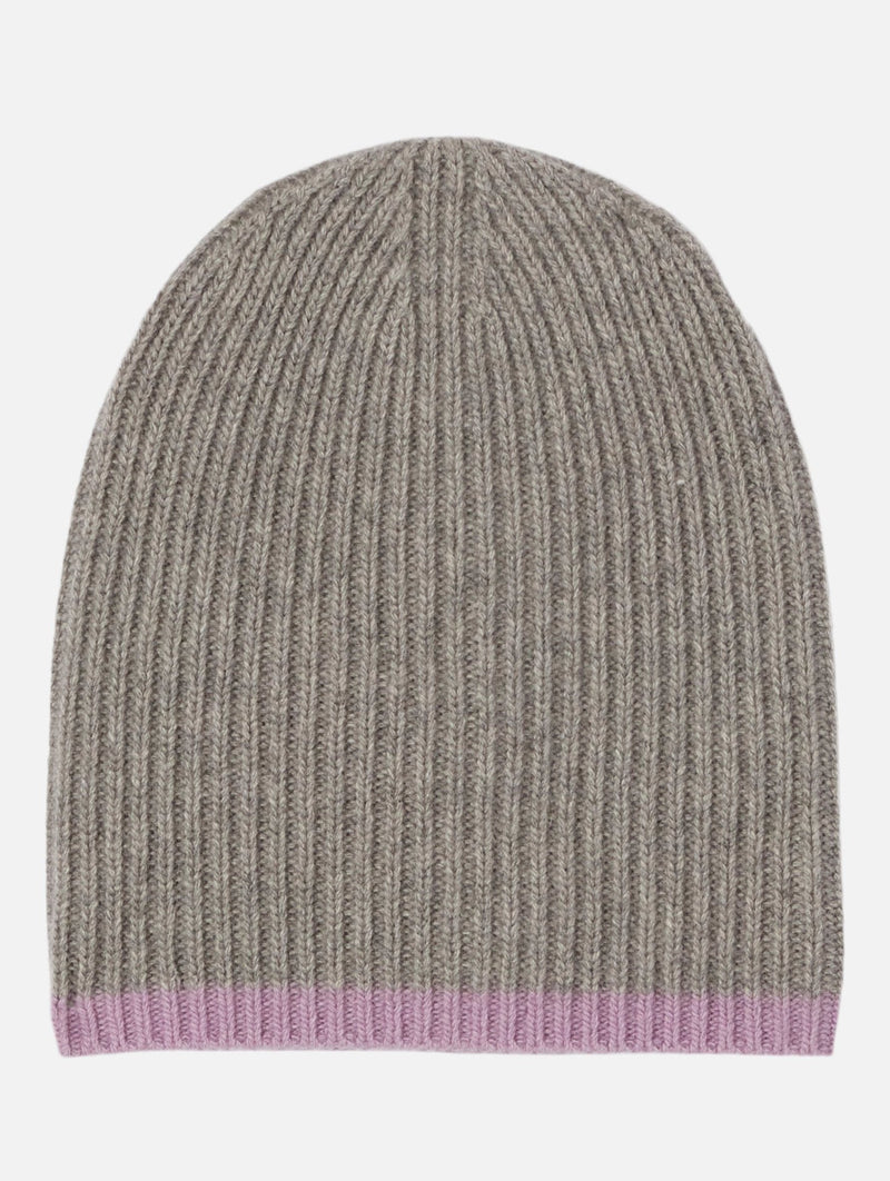 Cashmere Long Ribbed Beanie with Contrast Trim - Light Heather Grey W Lavender