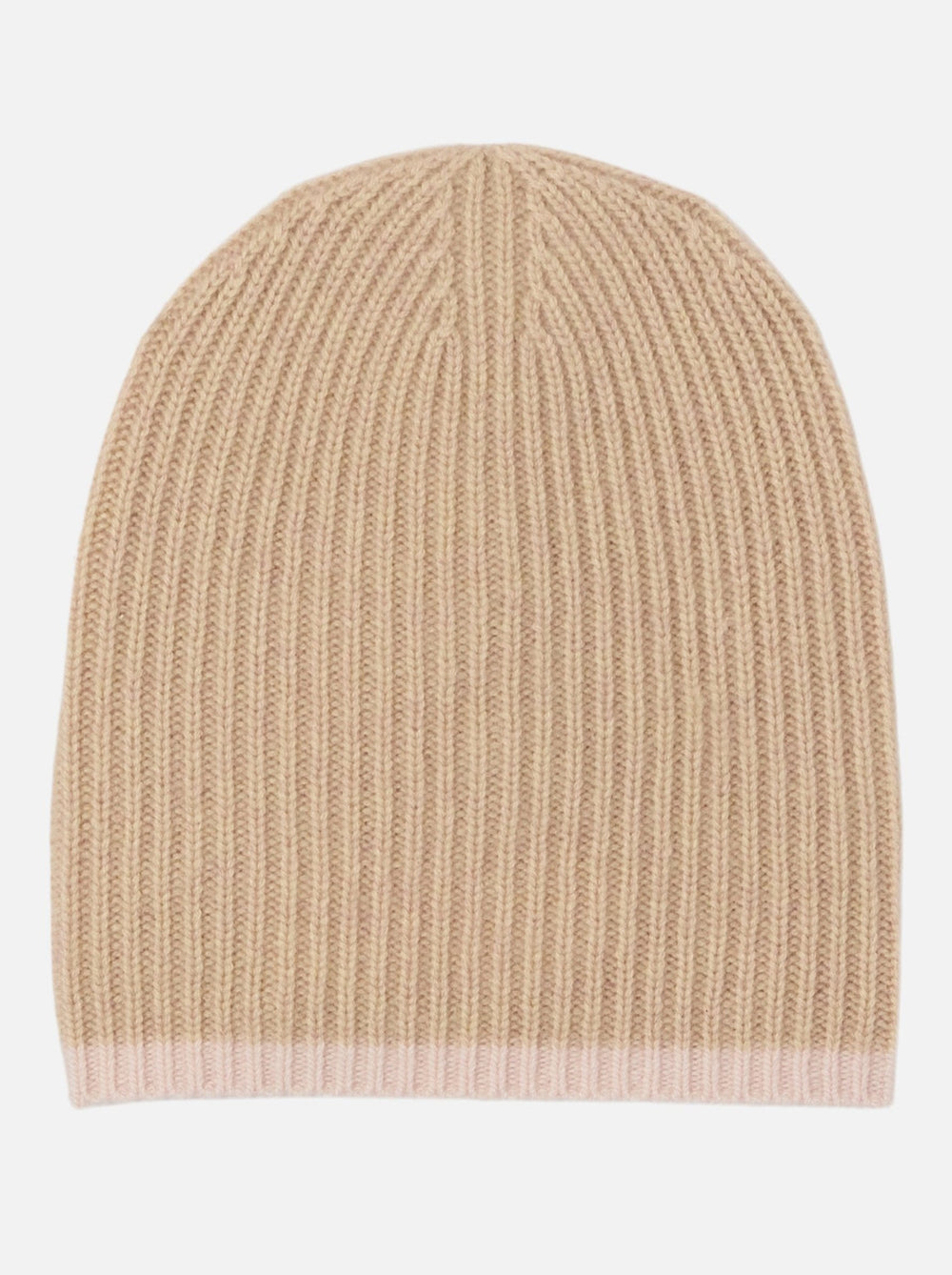 Cashmere Long Ribbed Beanie with Contrast Trim - New Oatmeal W. Mallow Pink