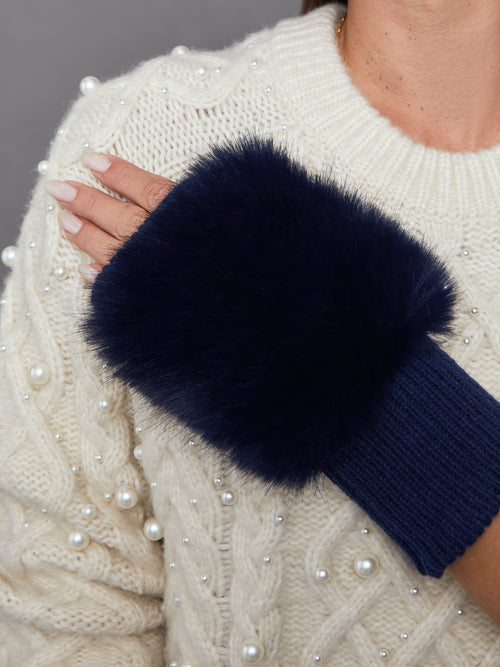 Faux Fox Knit Mittens - Navy