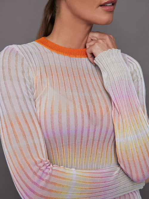 Ribbed crew-neck jumper with contrasting collar - Orange / Multi