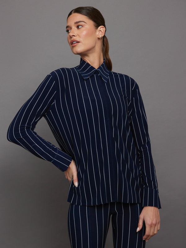 NK Shirt W/ Collar Stand - True Navy Pinstripe