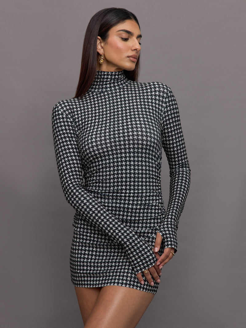 Long Sleeve Turtleneck Pickleball Dress - Large Houndstooth