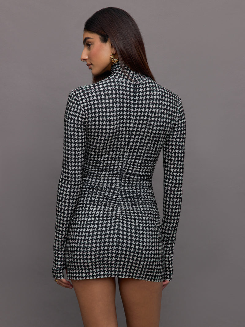 Long Sleeve Turtleneck Pickleball Dress - Large Houndstooth