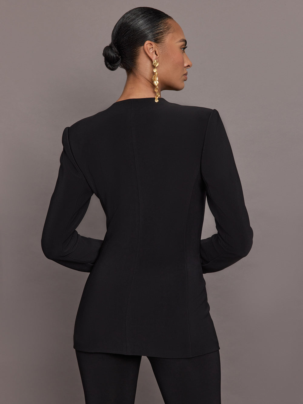 Long Sleeve Shoulder Pad V Neck Zip Front Jacket - Black