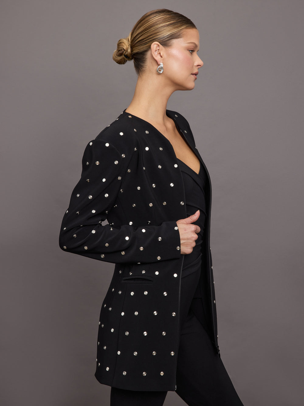 LS Shoulder Pad V Neck Zip Front Jacket  - Black All Over Studs