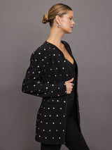 LS Shoulder Pad V Neck Zip Front Jacket  - Black All Over Studs