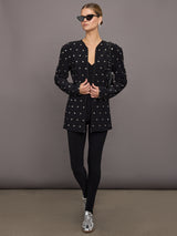 LS Shoulder Pad V Neck Zip Front Jacket  - Black All Over Studs