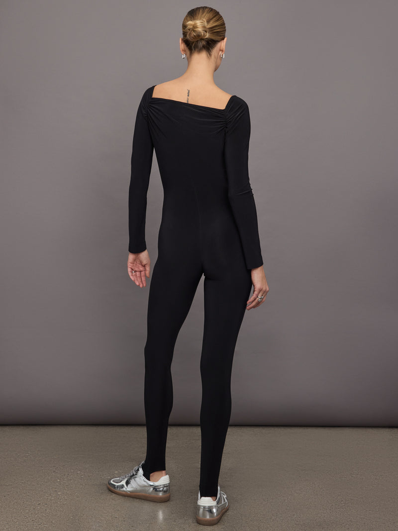 Off Shoulder Sweetheart Catsuit W/ Footie - Black