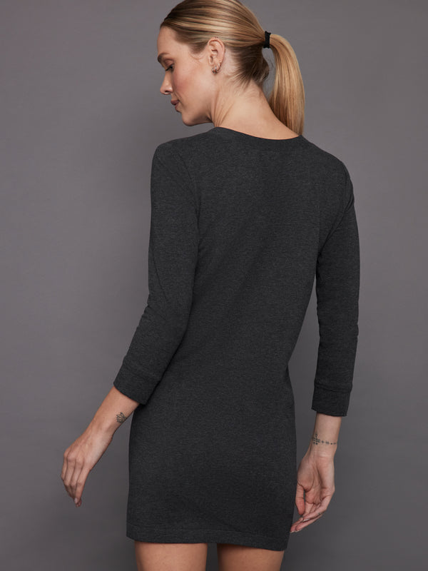 3/4 Sleeve Tailored Terry Mini Dress - Dark Heather Grey