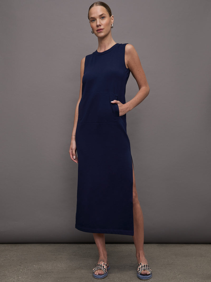 Sleeveless Tailored Terry Side Slit Gown - True Navy