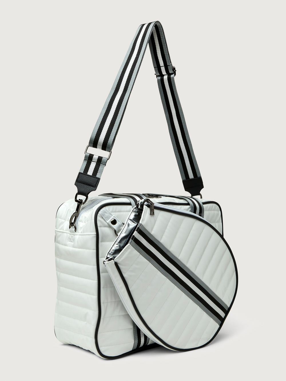 You are the Champion Tennis Bag - White Patent/ Black/ White Web