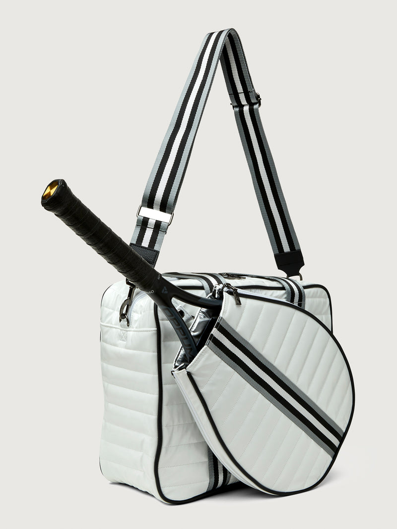 You are the Champion Tennis Bag - White Patent/ Black/ White Web