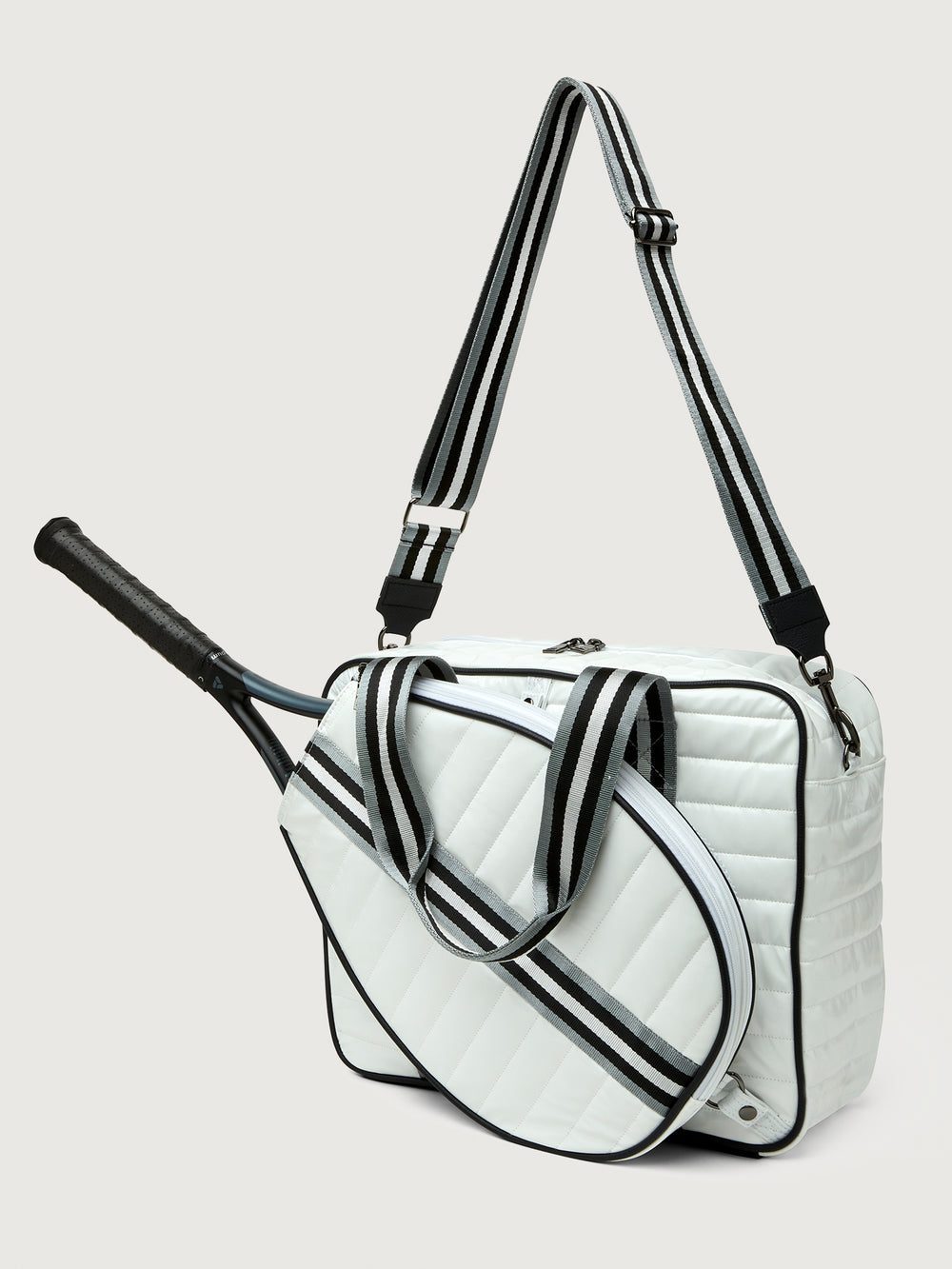 You are the Champion Tennis Bag - White Patent/ Black/ White Web