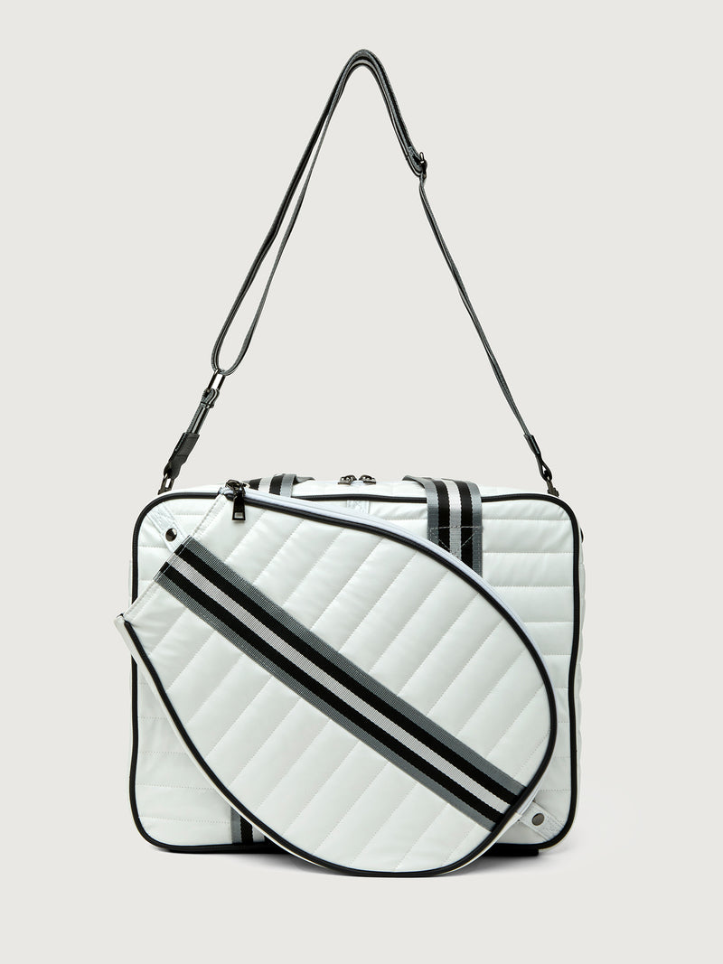 You are the Champion Tennis Bag - White Patent/ Black/ White Web