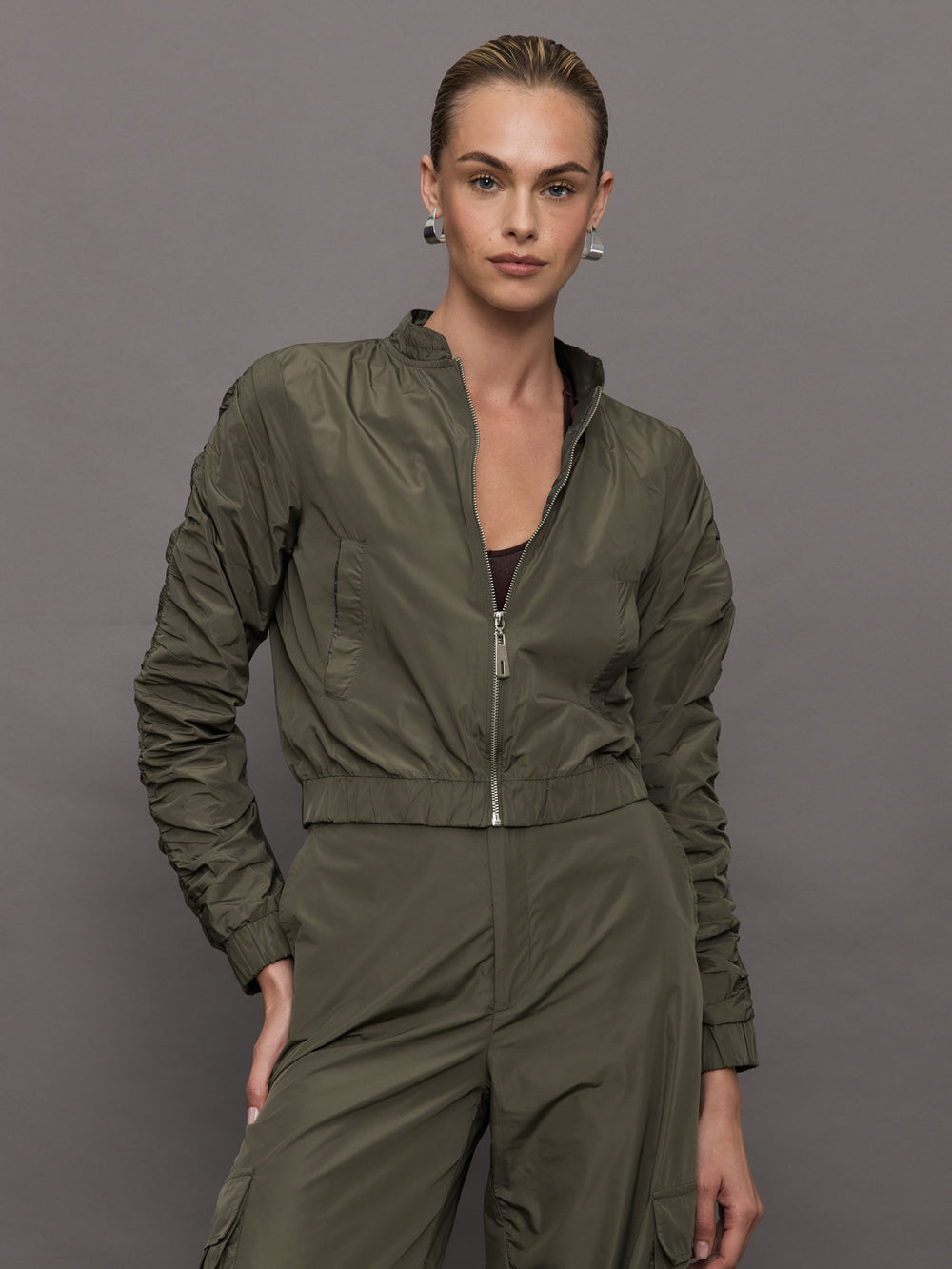 Theia Zip Taffeta Bomber Jacket - Army