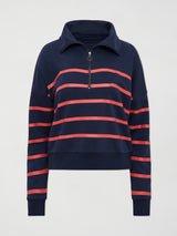 BRETON STRIPE FRENCH TERRY 1/2 ZIP -  NAVY/ CAYENNE